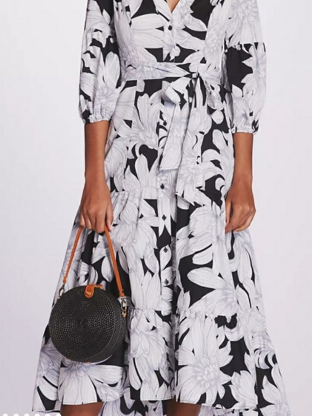 Maeve by Anthropologie Black & White Floral Tie-Waist Midi Dress size us 4